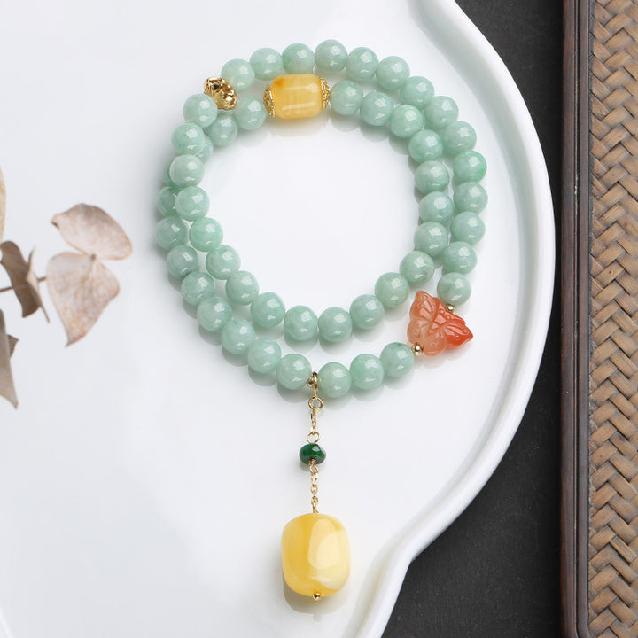 Bracciale Buddha Stones 925 Sterling Silver Jade Natural Ambra Butterfly Luck Abundance