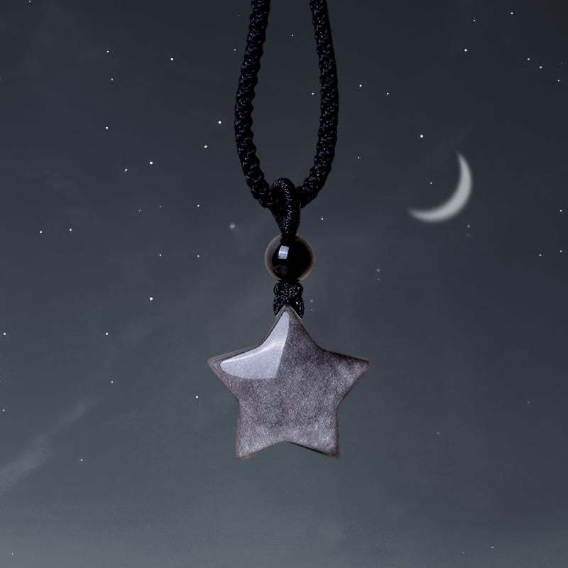 Collana con ciondolo a forma di mezzaluna stellata in ossidiana naturale Buddha Stones argento