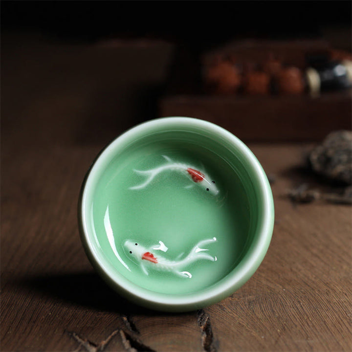 Buddha Stones Koi Fish colorato Tazza da tè in ceramica Kung Fu Tazza da tè Ciotola - Pesce Koi verde 6,8 cm * 3,4 cm * 55 ml - image 16