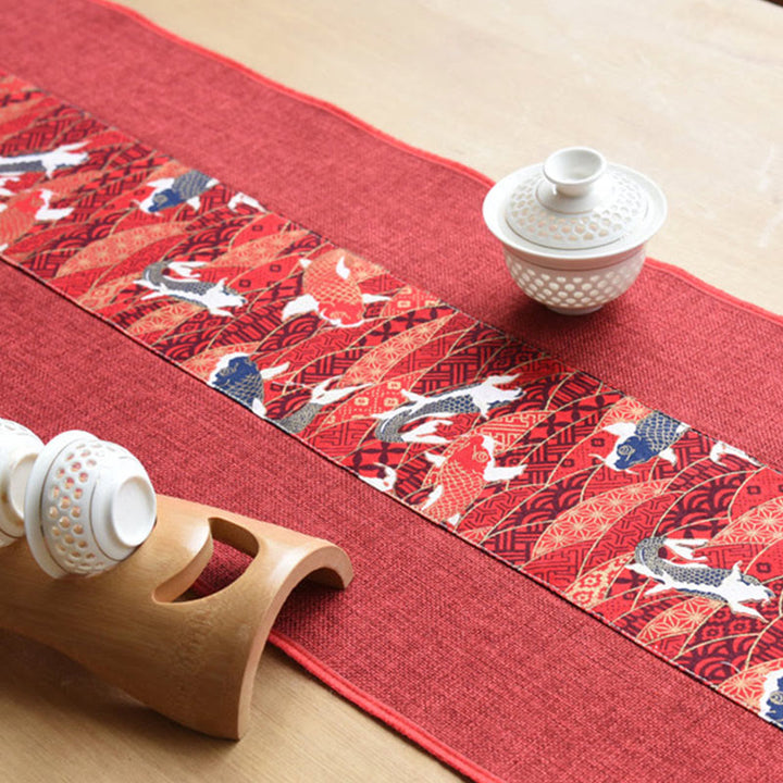 Buddha Stones Stile cinese classico Loto Koi Pesce Fiore Gru Calligrafia Illuminazione Cotone Lino Nappe Runner da tavolo