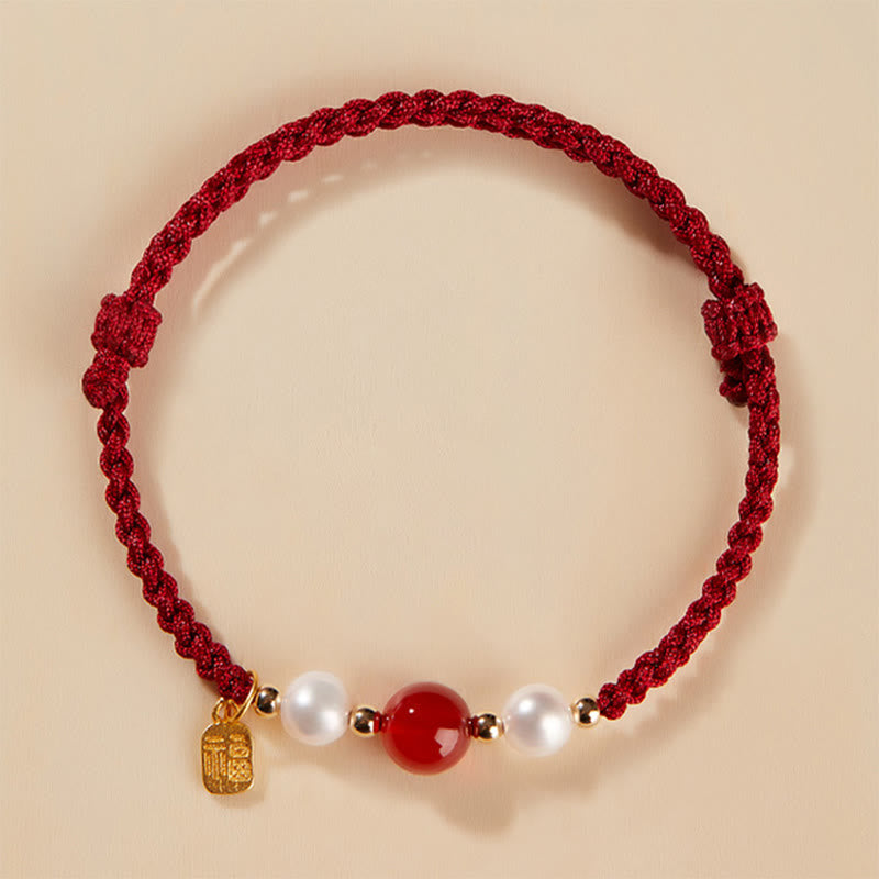 Braccialetto intrecciato in corda rossa con perle di agata e carattere Fu in argento sterling 925 con pietre Buddha Stones - image 2