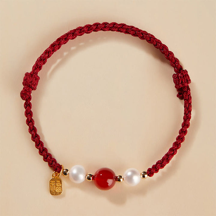 Braccialetto intrecciato in corda rossa con perle di agata e carattere Fu in argento sterling 925 con pietre Buddha Stones - image 2