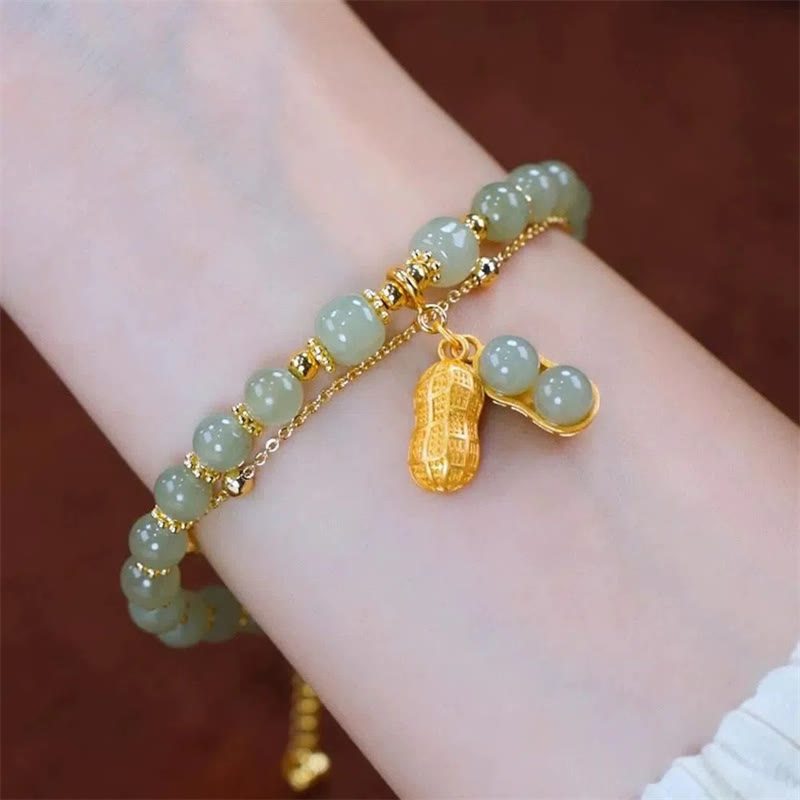 Braccialetto di perline con carattere Fu , Buddha Stones di giada, foglia di ginkgo, tulipano, arachidi e fortuna - image 15