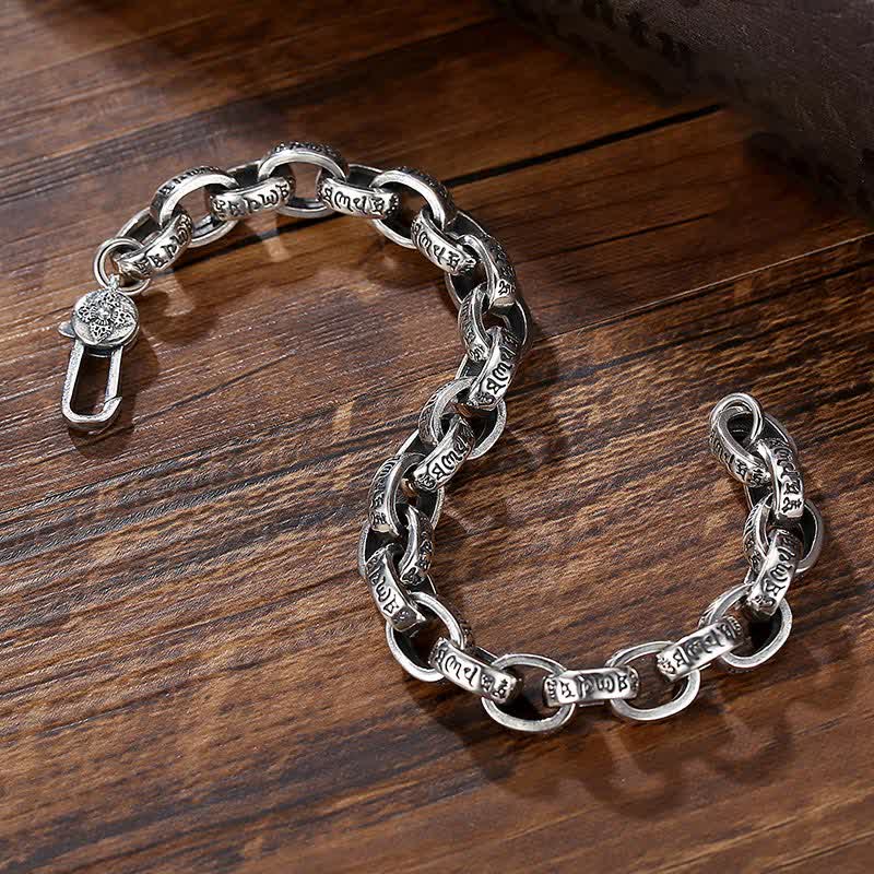 Braccialetto con scritta "Buddha Stones" in argento sterling 925 con incisione Om Mani Padme Hum e simbolo della pace