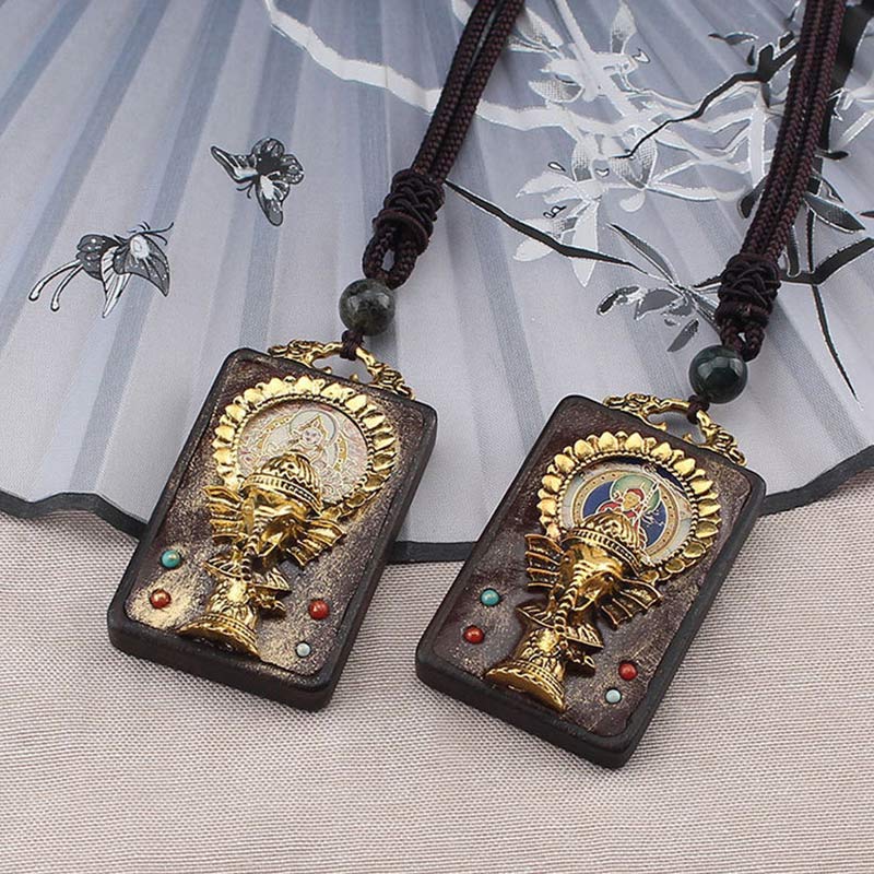Collana con ciondolo a forma di corda con elefante in legno di ebano e dio della fortuna del Buddha - image 1