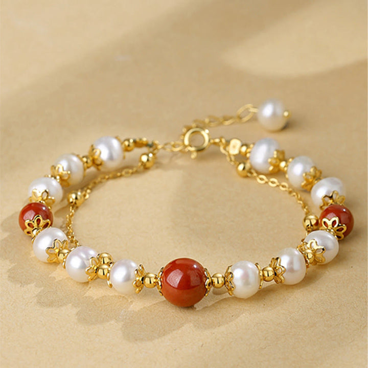 Bracciale a catena a doppio strato con perle di cinabro e argento sterling 925 Buddha Stones - Perla e cinabro - image 0