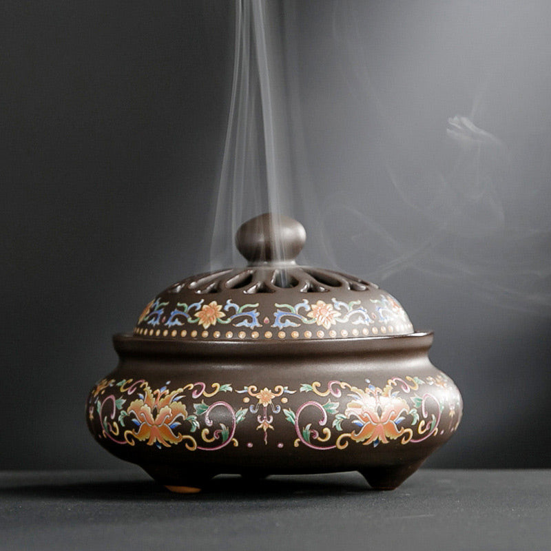 Bruciatore di incenso per meditazione in ceramica con motivo floreale a drago e fontana di fumo a riflusso