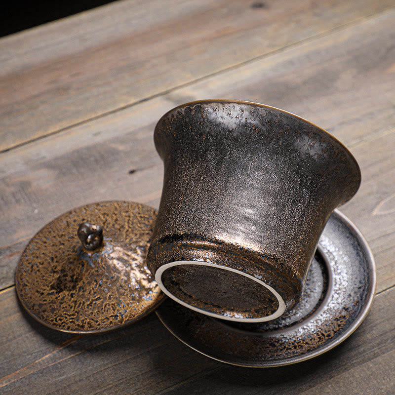 Buddha Stones Retro Rust Glaze Ceramic Gaiwan Sancai Tazza da tè Kung Fu Tazza da tè e piattino con coperchio