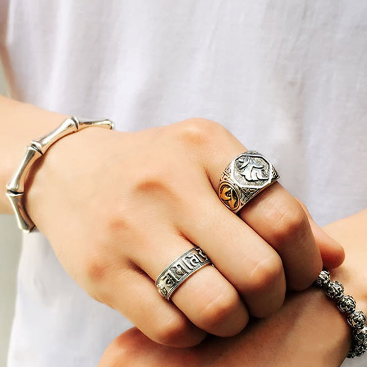 Anello regolabile con protezione intagliata in argento sterling 925 con design sanscrito Buddha Stones - image 26