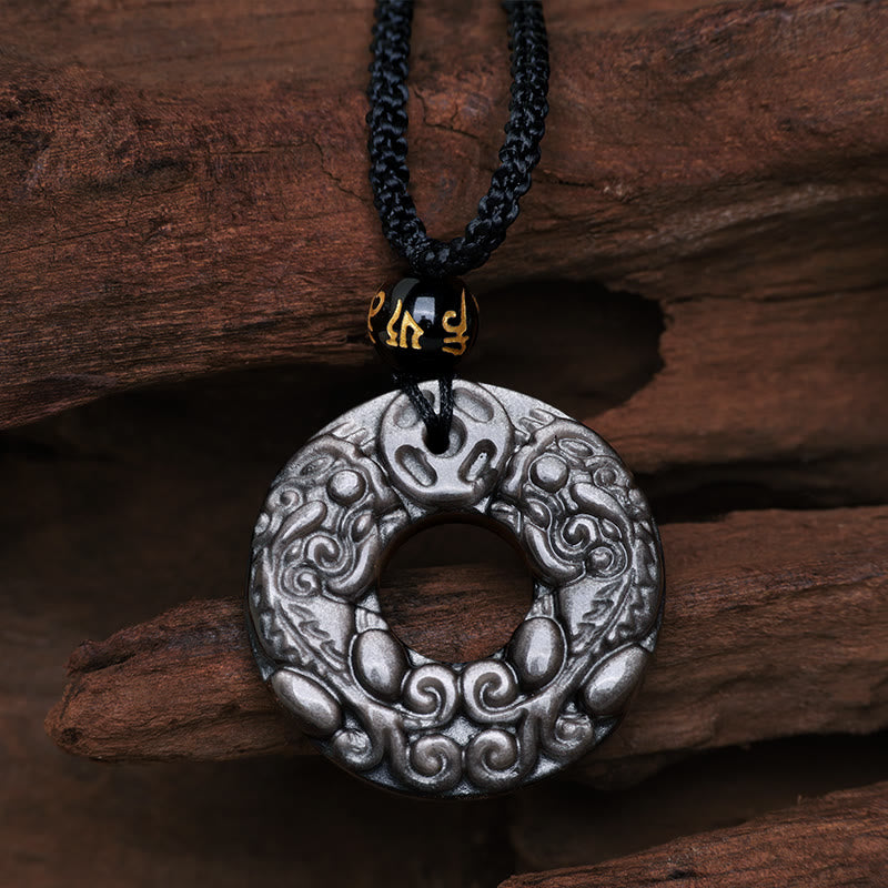Buddha Stones con ciondolo con fibbia della pace in argento naturale lucido ossidiana doppia PiXiu moneta di rame - Ossidiana argentata (Comunicazione♥Lenitiva) - image 1