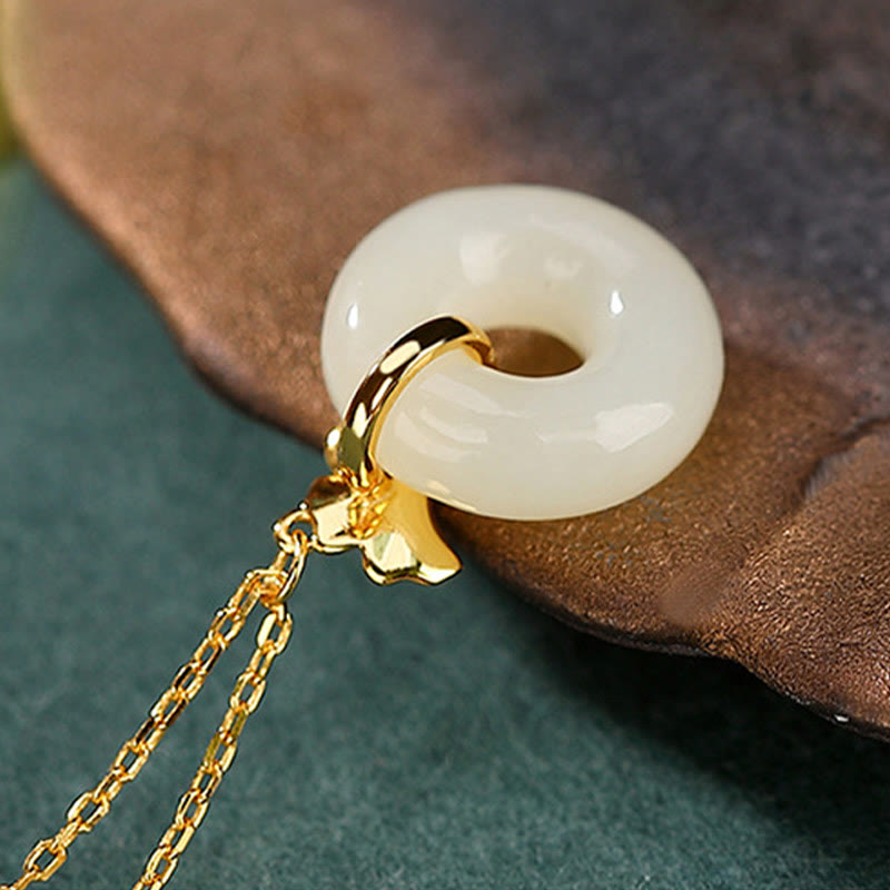 Buddha Stones 925 Sterling Silver Natural Hetian Jade Ginkgo Leaf Peace Buckle Luck Necklace Pendant - image 3