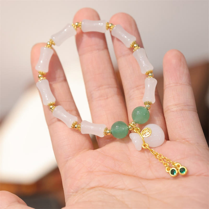 Buddha Stones Braccialetto di giada di seta dorata bianca naturale con motivo di bambù, borsa portafortuna Fu