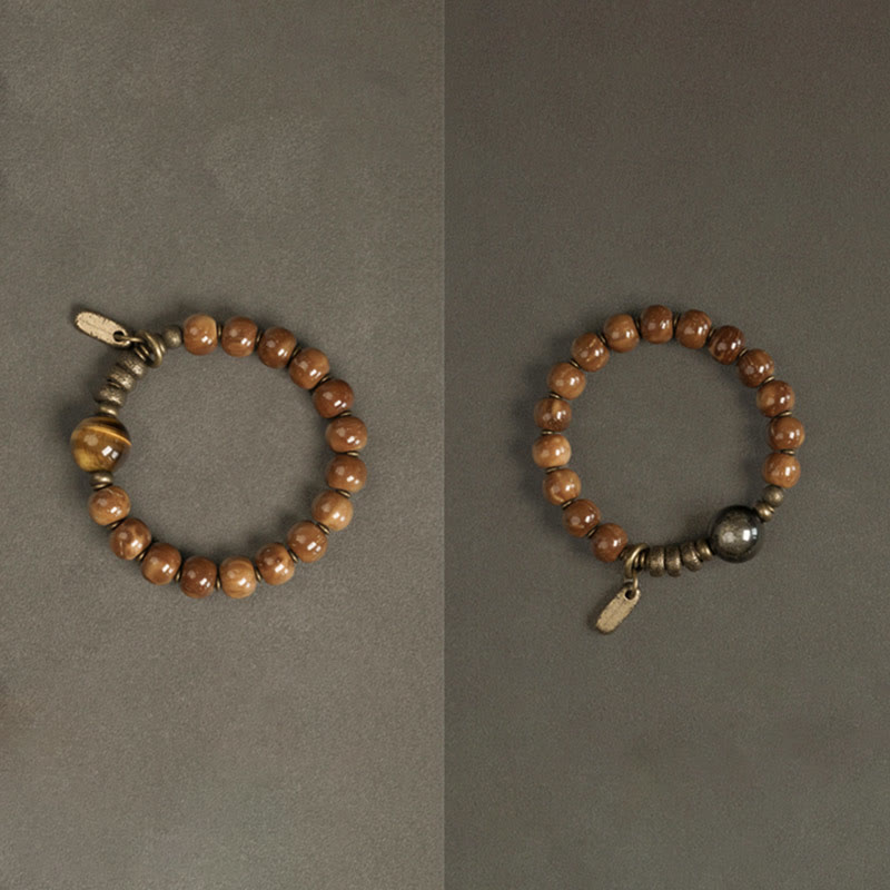 Braccialetto per la fortuna, in ottone, rame e ossidiana , Buddha Stones , semi di Kuka, occhio di tigre e oro lucido - image 14
