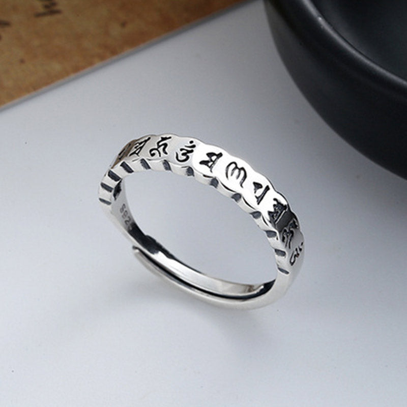 Buddha Stones Anello in argento sterling 925 con sei parole vere e saggezza calma - image 1
