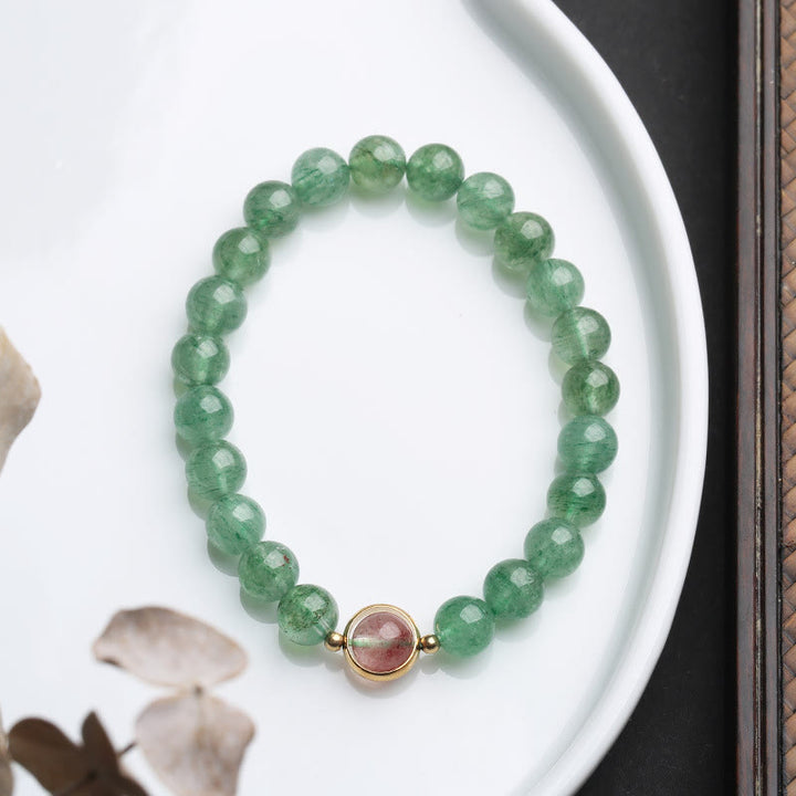 Braccialetto di perline lenitive in quarzo fragola verde naturale Buddha Stones