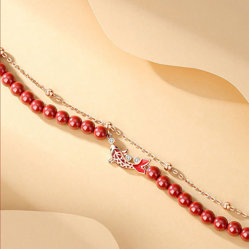 Bracciale a catena a doppio strato con zirconi e cinabro, in argento sterling 925, con pesce koi portafortuna, Buddha Stones - image 5