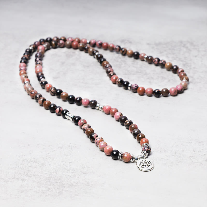 Buddha Stones 108 Mala Beads Rhodonite Lotus Compassion Energy Bracciale