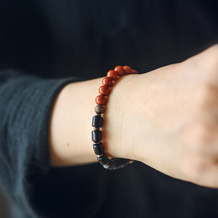Braccialetto di coppia di pace in rame con Buddha Stones, legno di ebano, diaspro rosso, agata muschiata e cristallo