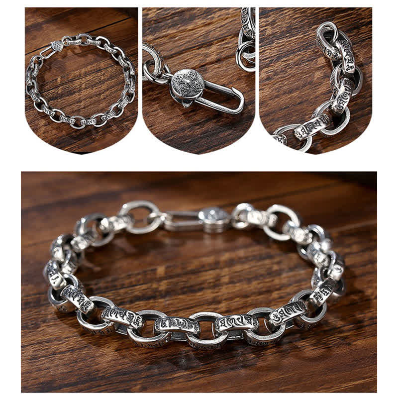 Braccialetto con scritta "Buddha Stones" in argento sterling 925 con incisione Om Mani Padme Hum e simbolo della pace