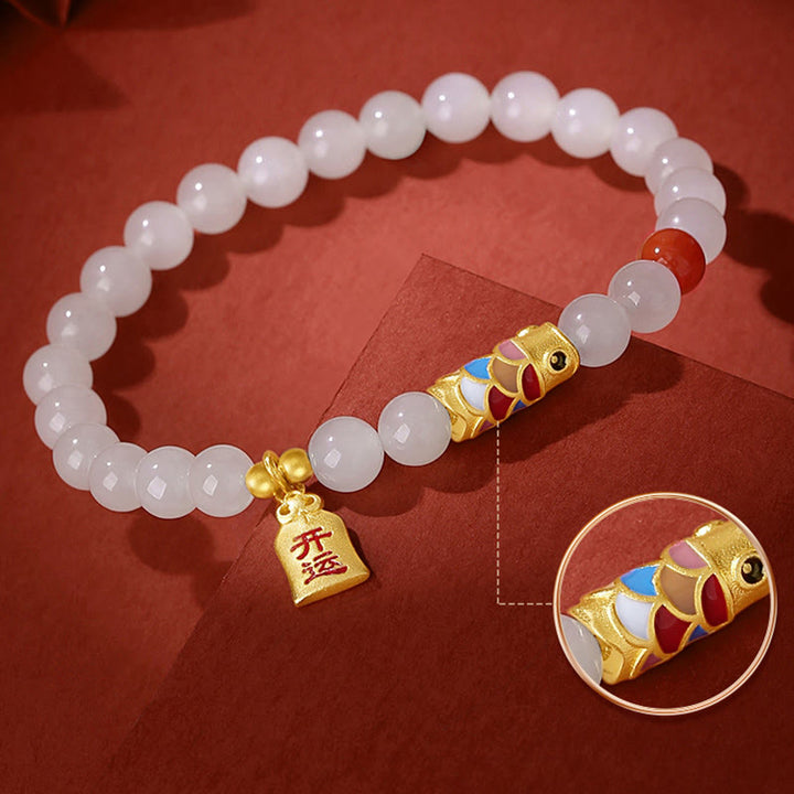Bracciale Buddha Stones 925 Sterling Silver Hetian Giada Bianca Agata Rossa Koi Pesce Fortuna Felicità - image 4