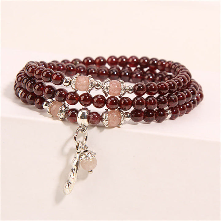 Braccialetto triplo giro con protezione PiXiu , Buddha Stones, granato naturale, quarzo fragola, fagiolini verdi