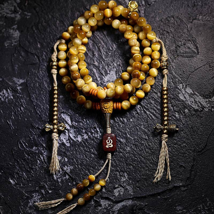 Buddha Stones 108 Mala Beads Natural Tiger Eye Rame Dorje Protezione Nappa Bracciale