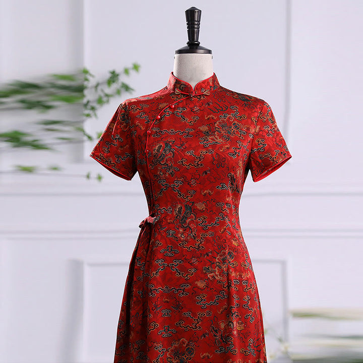 Abito da donna in cheongsam con stampa di foglie e nuvole di buon Buddha Stones vintage, abito da donna in qipao - image 8