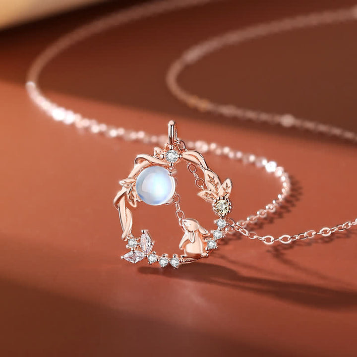 Collana con ciondolo e orecchini in argento sterling 925 con motivo a fiori di pietra lunare dell'anno del coniglio - Collana - Oro rosa - image 0