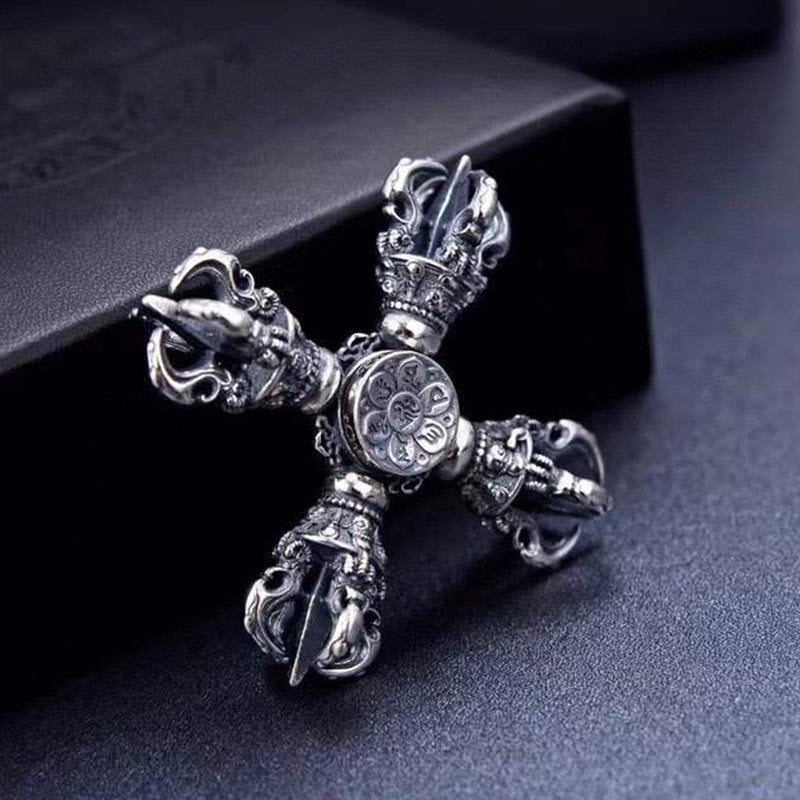 Buddha Stones Tibetano Argento Sterling 925 Doppio Dorje Vajra Inciso Ciondolo Potere Spirituale - image 1