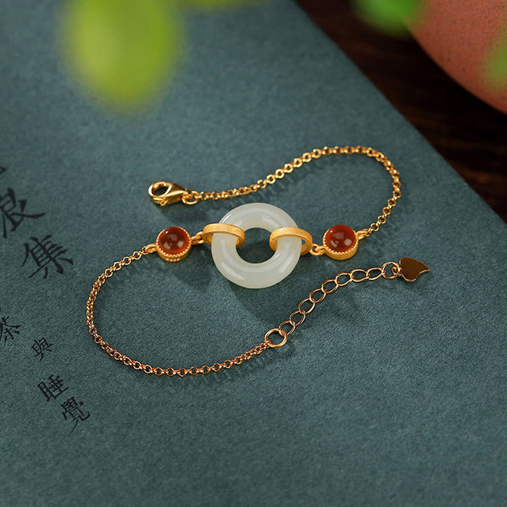 Braccialetto della fortuna in agata rossa con fibbia della pace in giada naturale Hetian, argento Buddha Stones 925 placcato oro - image 2