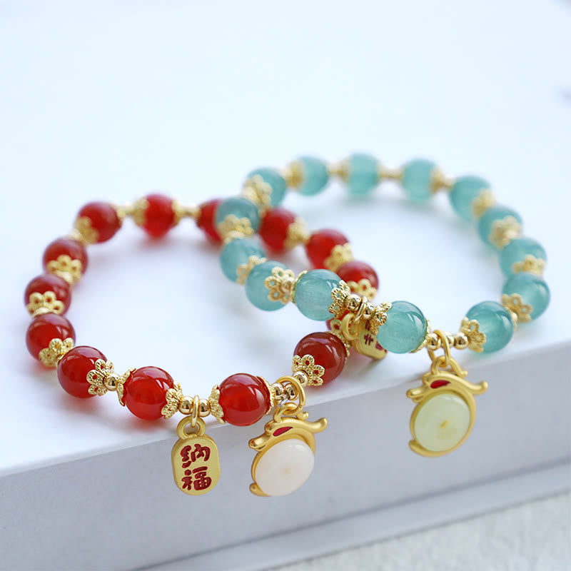 Buddha Stones Anno del Drago Agata Rossa Avventurina Verde Fibbia della Pace Carattere Fu Bracciale Fortunato