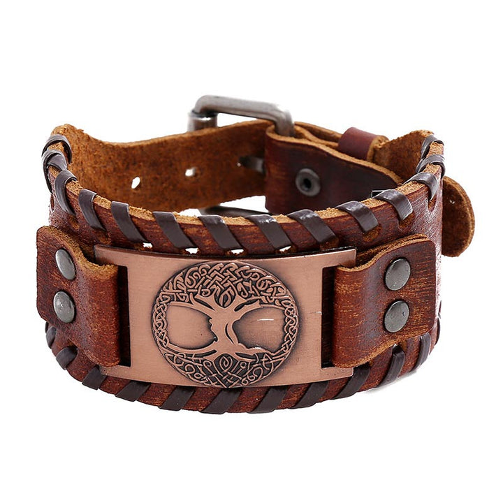 Buddha Stones Bracciale in pelle con albero della vita portafortuna - Marrone - image 0