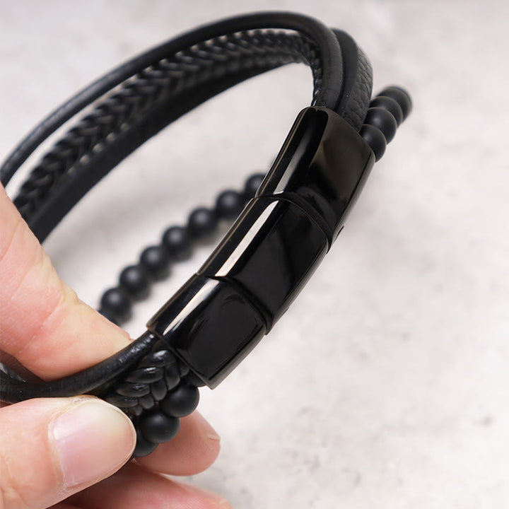 Bracciale in pelle con perline di onice nero e roccia lavica naturale Buddha Stones