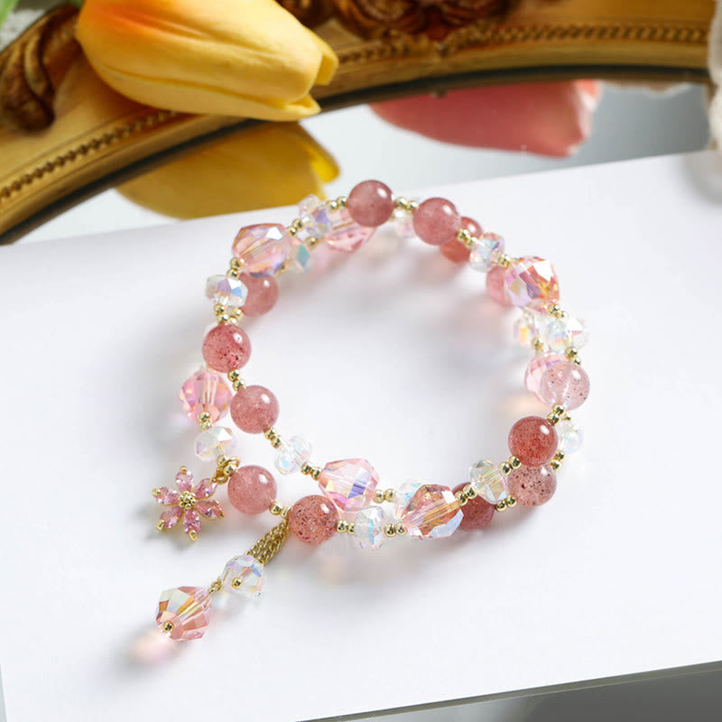 Braccialetto a doppio giro con fiore di zircone e quarzo fragola Buddha Stones