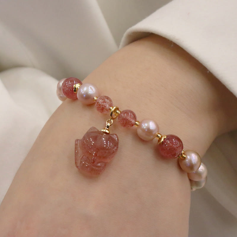 Braccialetto con ciondolo guarigione amore volpe carina perla naturale quarzo fragola Buddha Stones