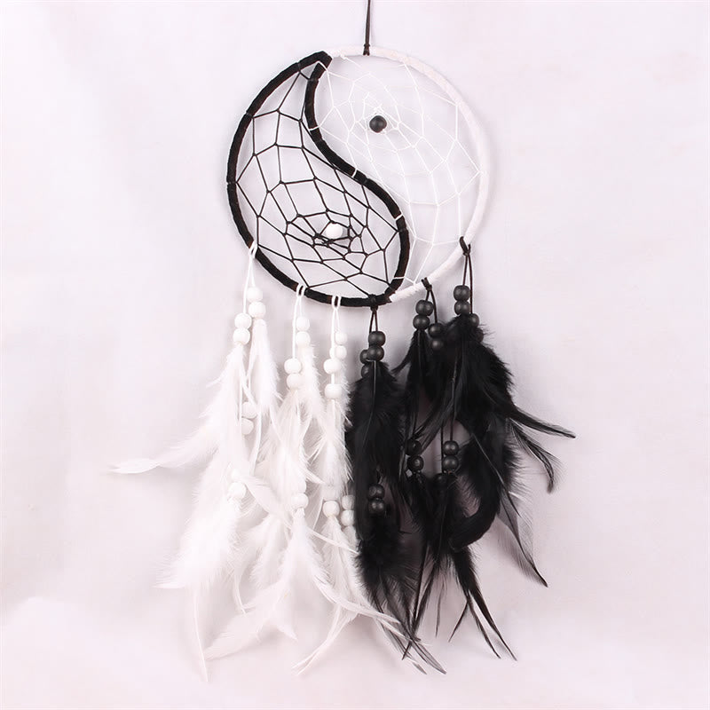 Acchiappasogni Yin Yang Rete circolare con piume Decorazione di equilibrio - image 5