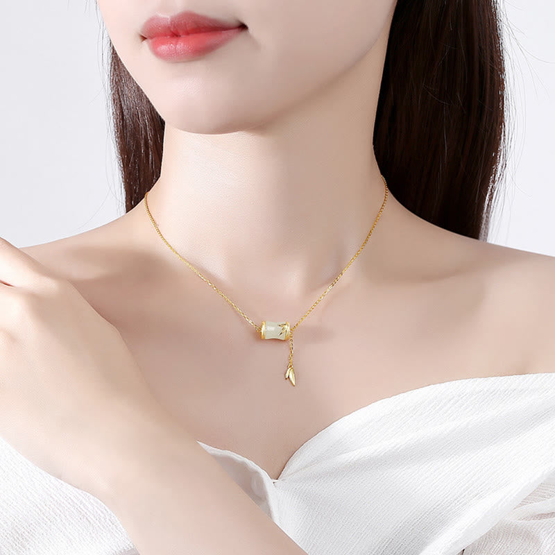 Buddha Stones 925 Sterling Silver 22K Oro Hetian Giada Bianca Foglia di Bambù Collana Pendente Bracciale Portafortuna - image 3