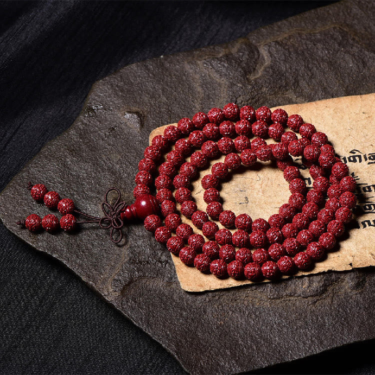 Buddha Stones 108 Mala Beads Cinnabar Om Mani Padme Hum Pattern Braccialetto di benedizione inciso