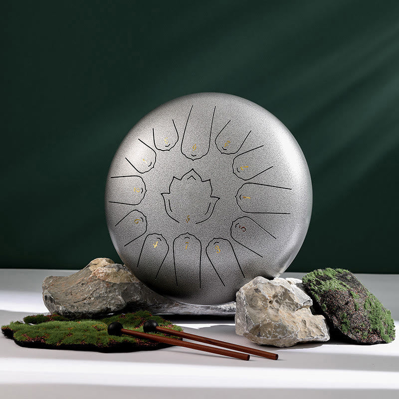 Buddha Stones Steel Tongue Drum Sound Healing Mindfulness Lotus Pattern Yoga Drum Kit 13 Note 12 Pollici Strumento a percussione