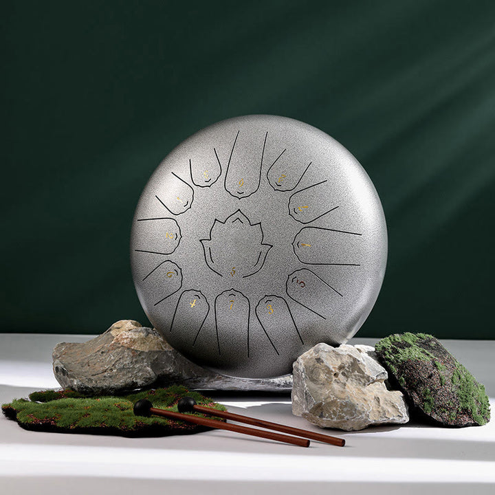 Buddha Stones Steel Tongue Drum Sound Healing Mindfulness Lotus Pattern Yoga Drum Kit 13 Note 12 Pollici Strumento a percussione