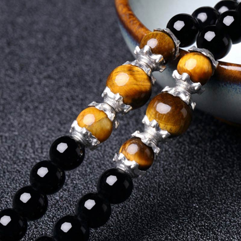 Buddha Stones Bracciale Mala con 108 perle in ossidiana nera naturale e occhio di tigre - image 9