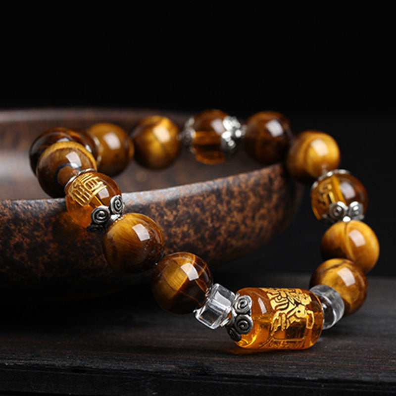 Braccialetto della fortuna e della prosperità con perline di occhio di tigre e Buddha Stones
