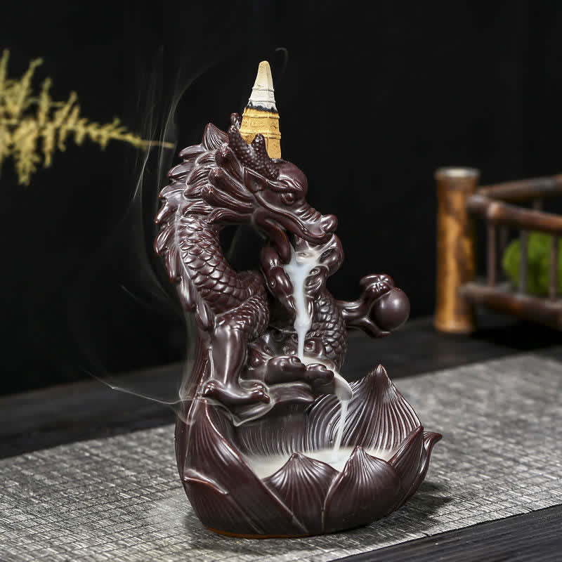 Bruciatore di incenso in ceramica con motivo a loto di drago, protezione e forza, decorazione
