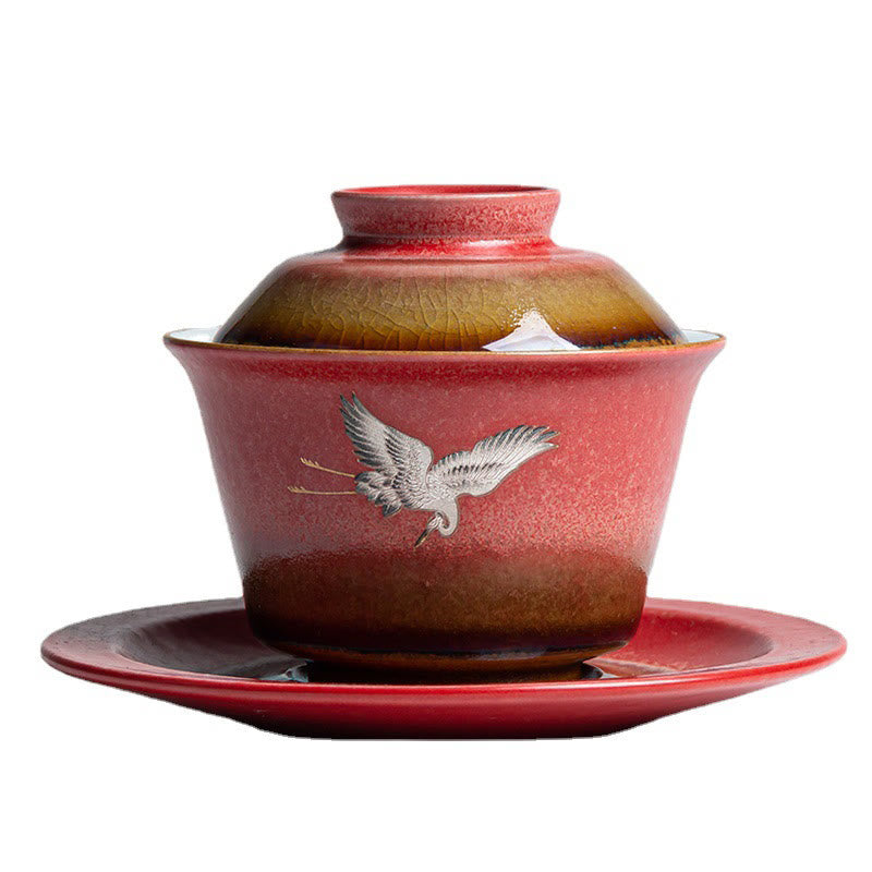 Buddha Stones Red Gru di buon auspicio Ceramica Gaiwan Sancai Tazza da tè Kung Fu Tazza da tè e piattino con coperchio