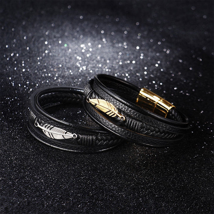 Bracciale con fibbia magnetica intrecciata in acciaio al titanio e pelle multistrato con motivo a piume Buddha Stones