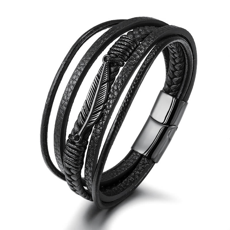 Bracciale con fibbia magnetica intrecciata in acciaio al titanio e pelle multistrato con motivo a piume Buddha Stones