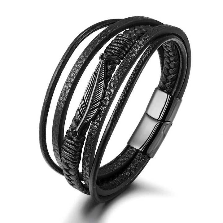 Bracciale con fibbia magnetica intrecciata in acciaio al titanio e pelle multistrato con motivo a piume Buddha Stones
