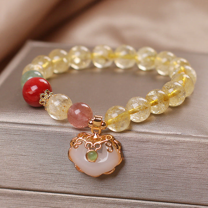 Buddha Stones Bracciale con ciondolo di protezione in giada bianca citrino naturale e quarzo fragola - Citrino - image 0