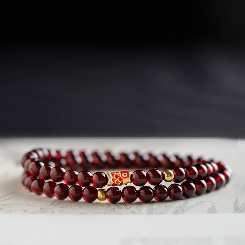 Braccialetto di protezione in granato naturale con pesce koi in oro 999 Buddha Stones - Bracciale a doppio giro con carpe koi in granato e oro da 5 mm - 17 cm - image 12