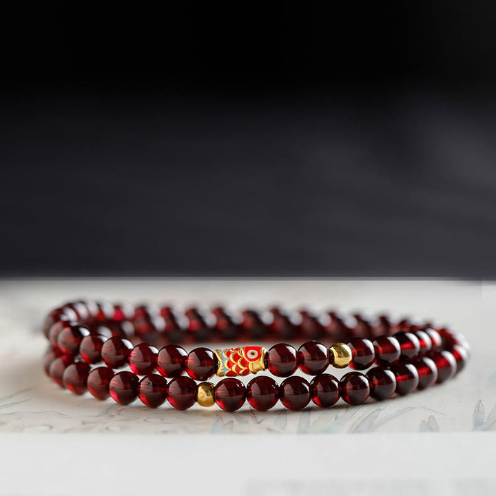 Braccialetto di protezione in granato naturale con pesce koi in oro 999 Buddha Stones - Bracciale a doppio giro con carpe koi in granato e oro da 5 mm - 17 cm - image 12
